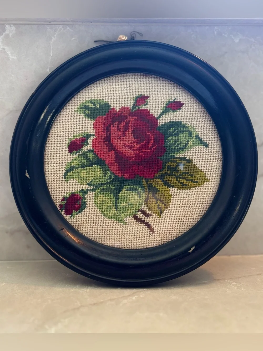 Needlepoint 1967 Red Rose Round Framed Wall Art 8.5” Vintage